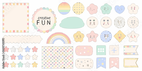 Collection of cute cartoon elements with pastel colors and happy faces