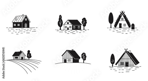 Charming black-and-white farmhouses with minimalist lines, surrounded by trees and clouds, evoking the timeless beauty of rural living.