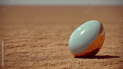 A modern smooth ovoid object with a golden band sits on a textured sandy surface