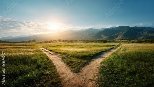 Two dirt roads diverge in a grassy field at sunset, meeting a backdrop of mountains