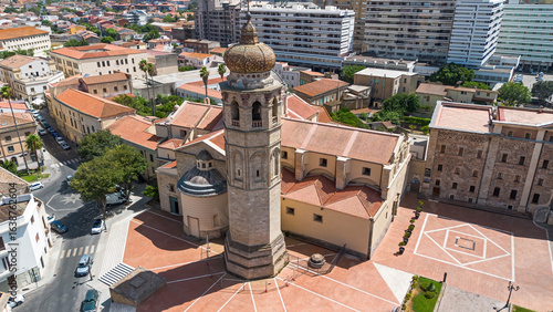 Aerial view of the Oristano Cathedral in Sardinia, Italy - Baroque cathedral dedicated to the Assumption of the Virgin Mary with a bell tower topped by an onion dome covered with maiolica