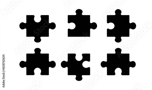 Six black jigsaw puzzle pieces arranged on a white background