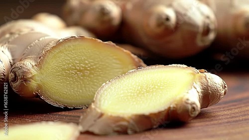 Macro shot of sliced ginger root on a wooden surface with a focus on natural ingredients