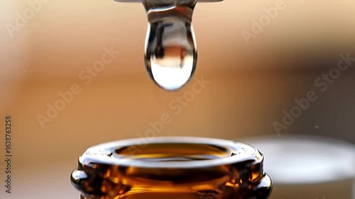 Close-up of a glass droplet falling into an essential oil bottle with relaxing aromatherapy theme