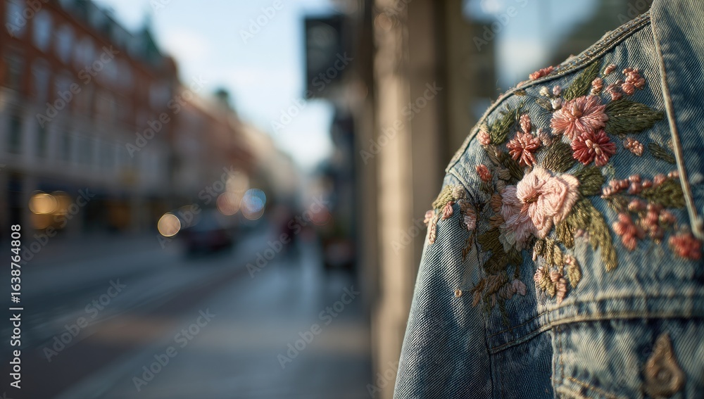 Obraz premium Close-up of a denim jacket with floral embroidery, city street backdrop