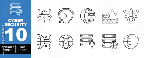 Cyber security set of web icons in line style. Exclusive cyber security linear icon collection. Containing server, network, shield, globe, firewall, database, padlock, and protection. Editable stroke