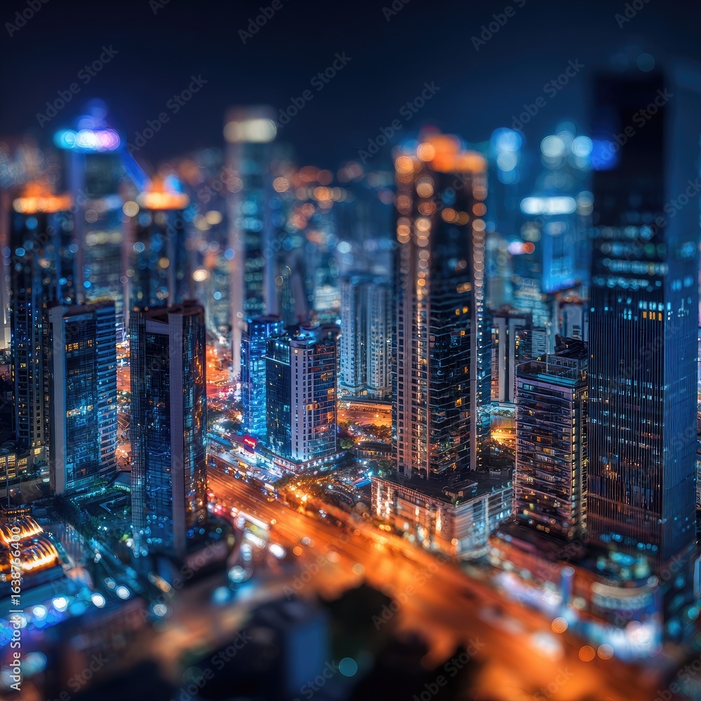Obraz premium Night cityscape, urban sprawl, blurred perspective. High-rise buildings, vibrant lights, illuminated city streets. A miniature, aerial view of a modern metropolis