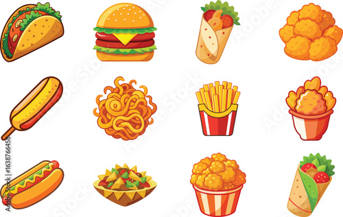 Assortment of delicious cartoon fast food items burgers tacos hot dogs and nuggets