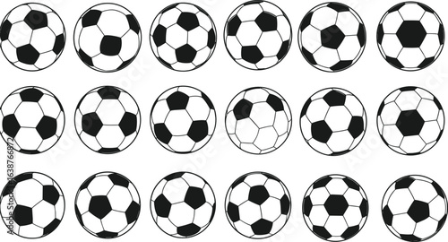 Hand-drawn soccer balls collection, black and white football icons, sports equipment set, soccer game design elements, doodle football illustrations