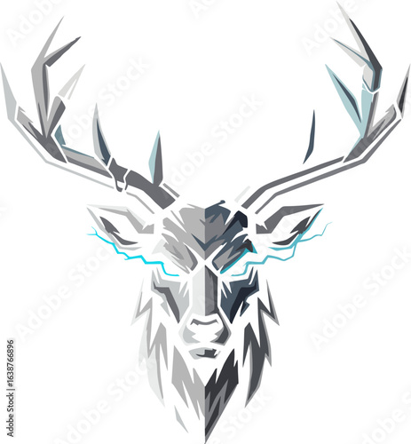 A powerful and fierce deer head illustration, crafted in a modern geometric style with metallic tones and glowing electric eyes.