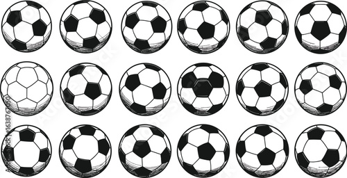 Hand drawn black and white soccer balls collection, vintage football ball illustrations, sports equipment pattern, classic leather ball design set