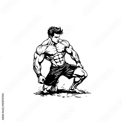 Powerful muscular man posing, showcasing strength and physical fitness illustration