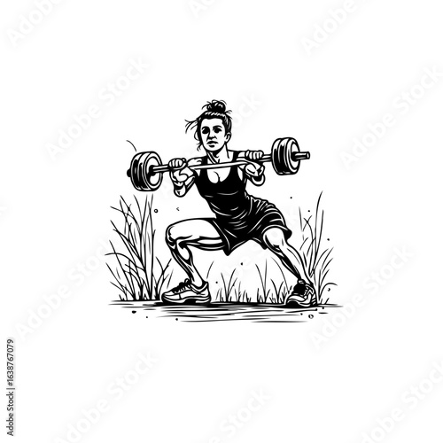 Strong woman illustration lifting a barbell in an outdoor fitness setting