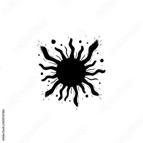 Monochrome abstract sun illustration featuring black ink blots and artistic design
