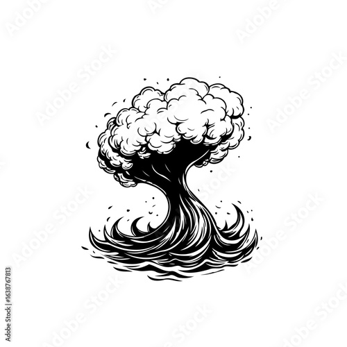 Monochrome depiction of an abstract tree resembling a mushroom cloud illustration