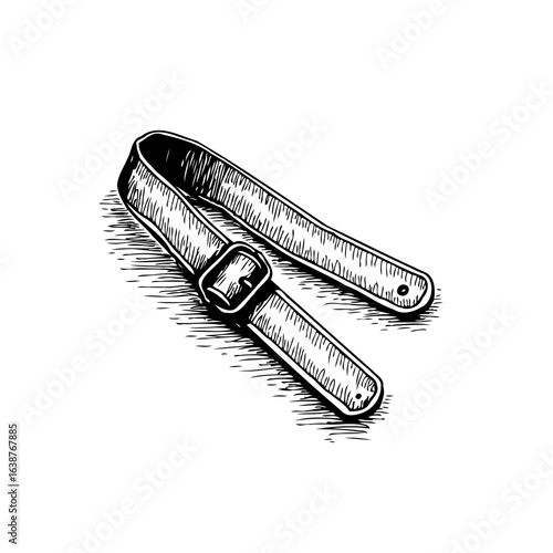 Detailed black and white drawing of an antique leather belt with buckle element