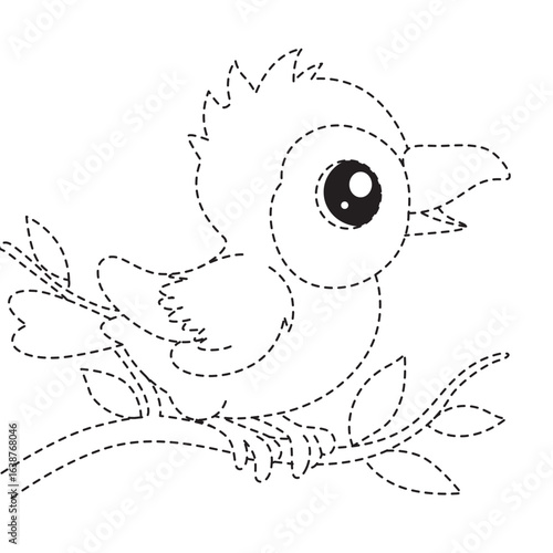 Cute baby bird sitting on a branch, black and white dotted outline style, for children tracing and coloring activity.