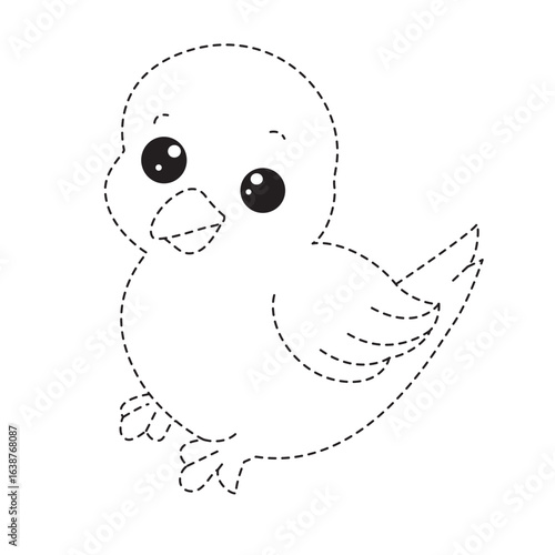 Cute cartoon bird with dotted outline, ideal for children’s tracing worksheets, coloring pages, and early art skill development.