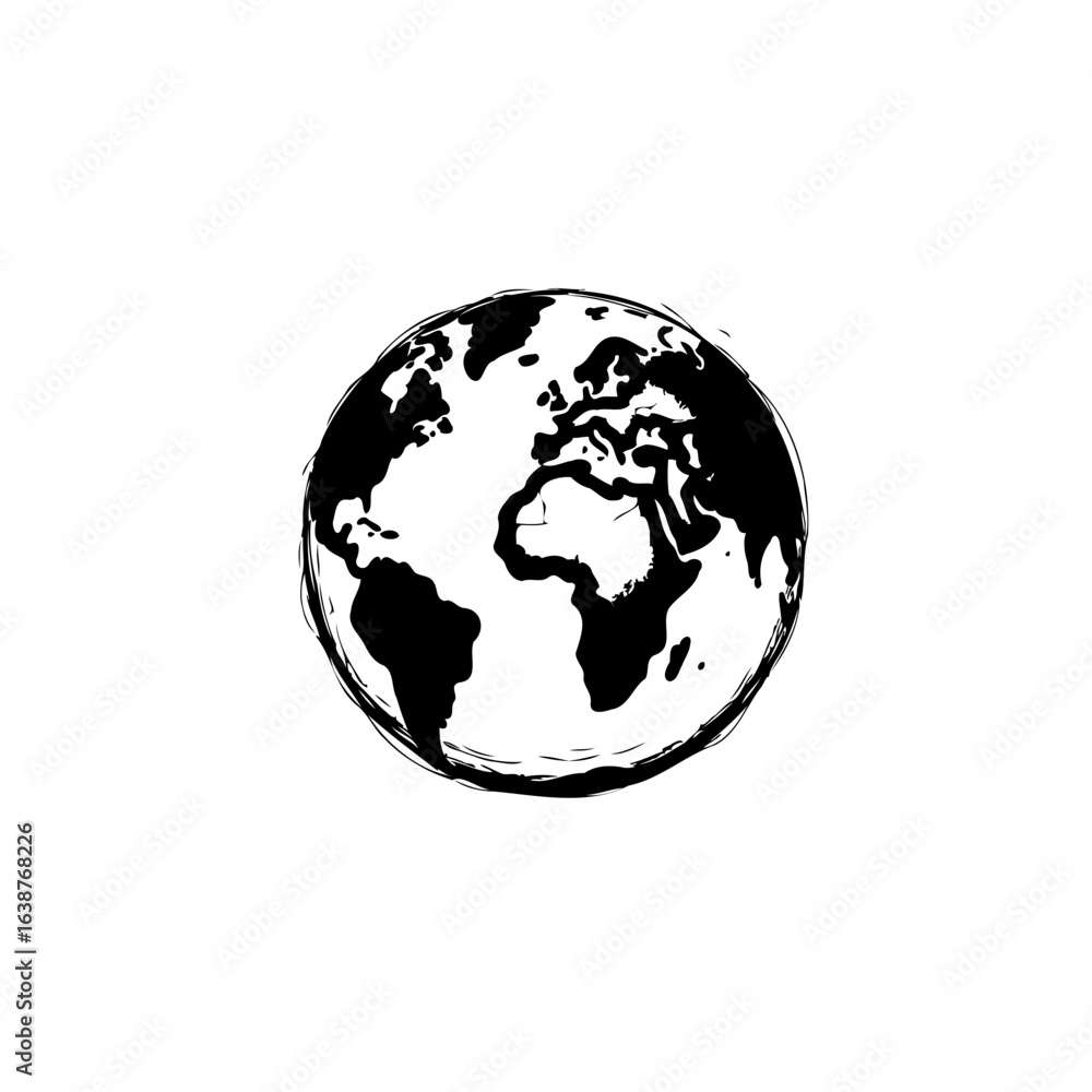 Obraz premium Black and white Earth illustration with rough sketchy style continents depicted