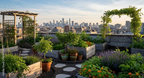 A lush and vibrant rooftop garden with various plants, flowers, and a small sitting area, overlooking a bustling city skyline in the warm glow of the setting sun.