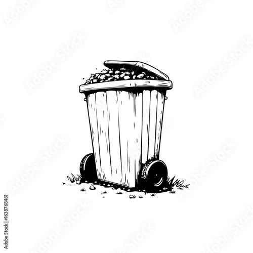 Cartoon-Style Illustration of an Overflowing Trash Can on Wheels in Black and White