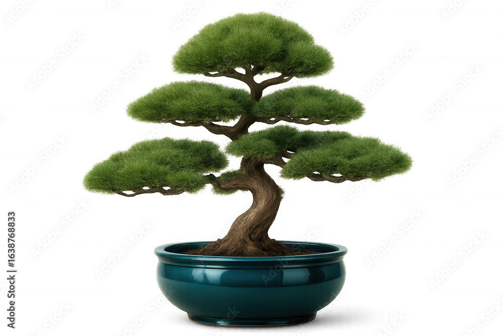 Obraz premium Gnarled bonsai trunk displaying dense green foliage, growing in traditional ceramic container, symbolizing zen harmony against clean transparent backdrop