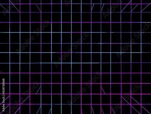 Gridded, perspective lines in vibrant neon colors on a black background