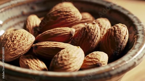 Macro shot of almonds in a ceramic bowl with a healthy snack and food theme