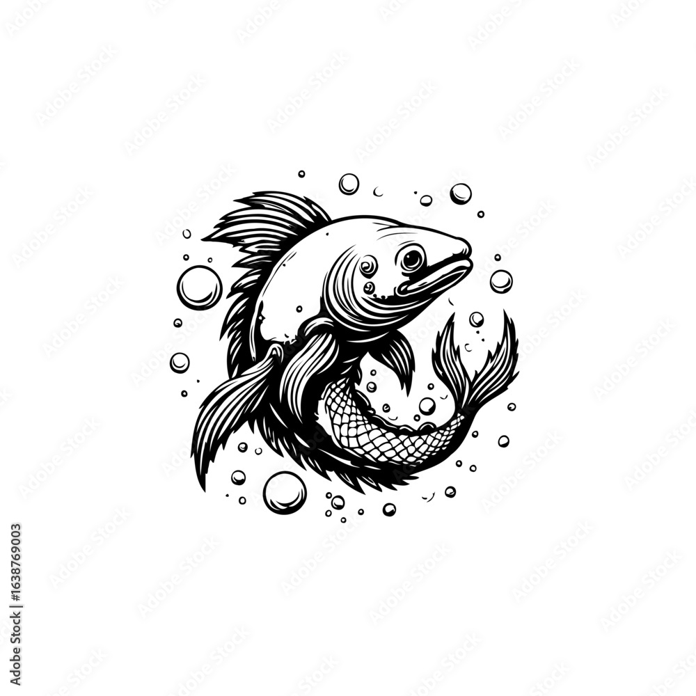 Fototapeta premium Stylized Black and White Illustration of a Fish Surrounded by Bubbles on White
