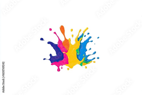 Vibrant multicolored paint splatters against a white background