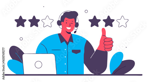 An illustration of a happy customer service agent wearing a headset and giving a thumbs-up, surrounded by five stars, representing high-quality service and positive feedback.
