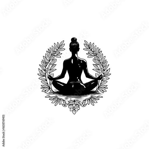 Silhouette Woman Meditating in Lotus Pose Framed by Olive Branches Illustration