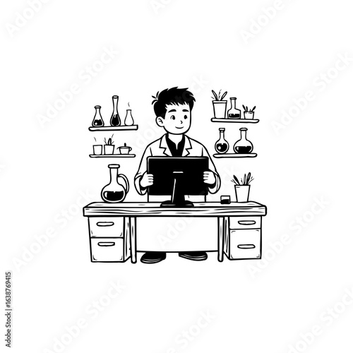 Scientist at Work: A Minimalist Cartoon Illustration of Research and Discovery