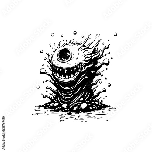 Abstract black and white illustration of a monster character with a big eye