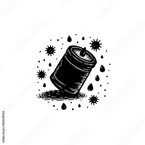 Illustration of a Leaking Battery Surrounded by Pollution Symbols in Black and White