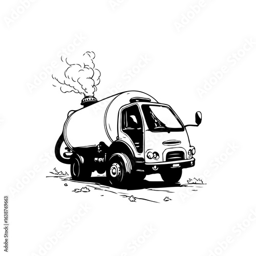 Cartoon style sanitation truck emitting smoke, representing environmental pollution