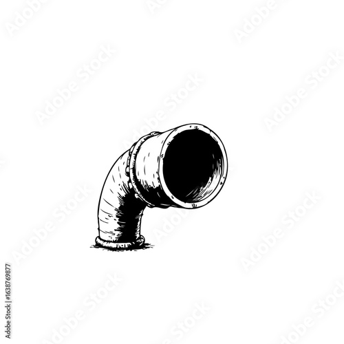 Black and white drawing of a vintage industrial metal pipe fitting on white