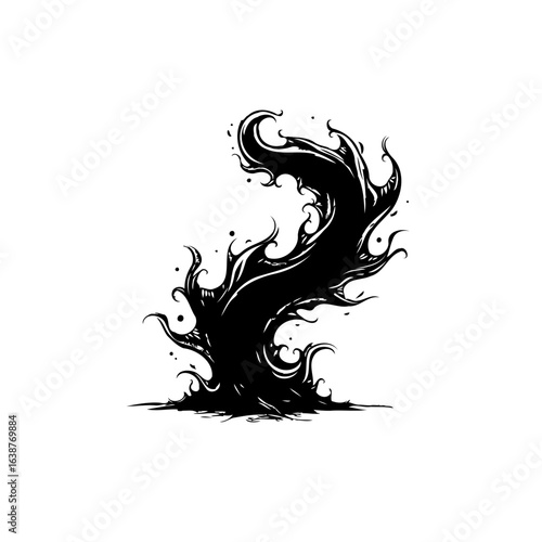 Abstract monochrome ink drawing featuring mysterious organic shape with wavy details