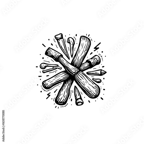 Campfire Woodpile Vector Illustration in Black and White Minimalist Graphic Style