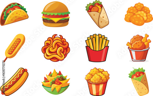 Assorted colorful cartoon illustrations of delicious fast food menu items ready to eat