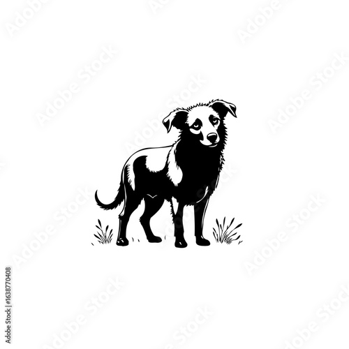 Elegant monochrome illustration of a charming dog standing on the grass artwork