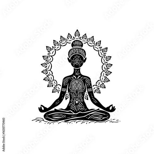 Meditative woman in lotus position radiating spiritual energy and enlightenment