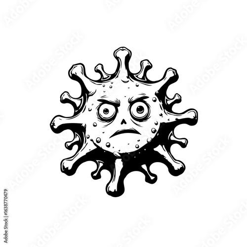 Angry cartoon virus with spiky projections and a stern expression, isolated art