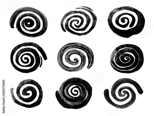 Nine hand-drawn spiral shapes, black ink on white