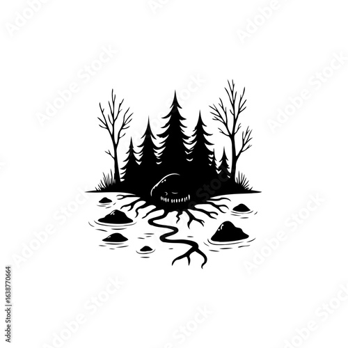 Eerie forest illustration with sinister roots, creating a sense of mystery and unease
