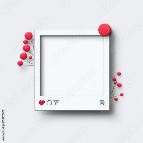 White photo frame with red berries.  Empty square frame, reminiscent of social media, with small, round, red berries arranged around the edge.  Light gray background