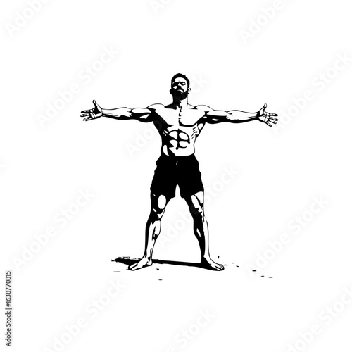 Strong man fitness illustration demonstrating muscular body with open arms pose