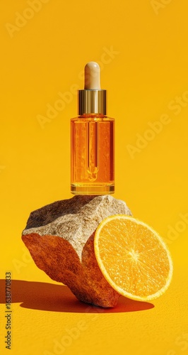 Golden serum bottle on rock, orange slice