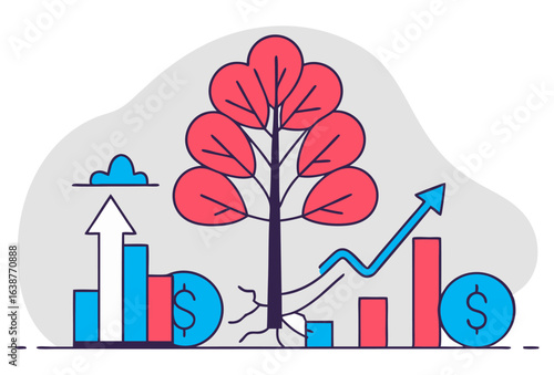 An illustration of a tree representing sustainable growth, with financial graphs and dollar coins on either side, symbolizing a balance between nature, environmentalism, and economic success.