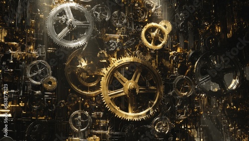 Complex machinery of gears.  Golden and dark metallic gears of various sizes fill the image, appearing to be part of a vast clockwork mechanism.  